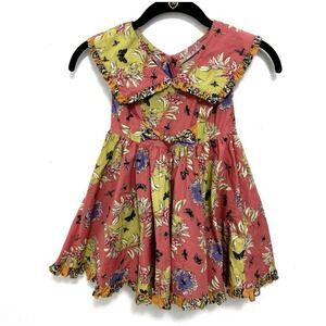 Vintage Mousefeathers Floral Butterflies Pink Sleeveless Dress Sz 3 Flap Collar